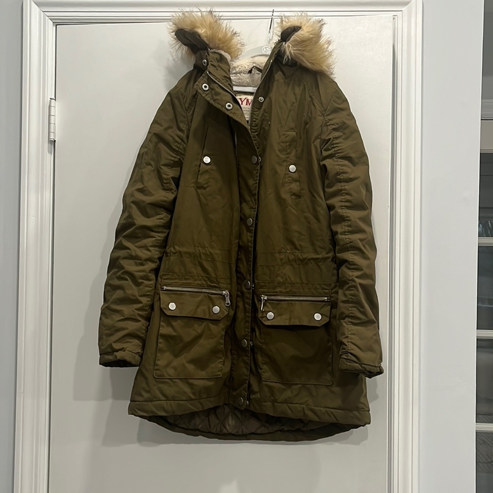 YMI - Winter Olive Bomber Jacket with Faux Fur Hood